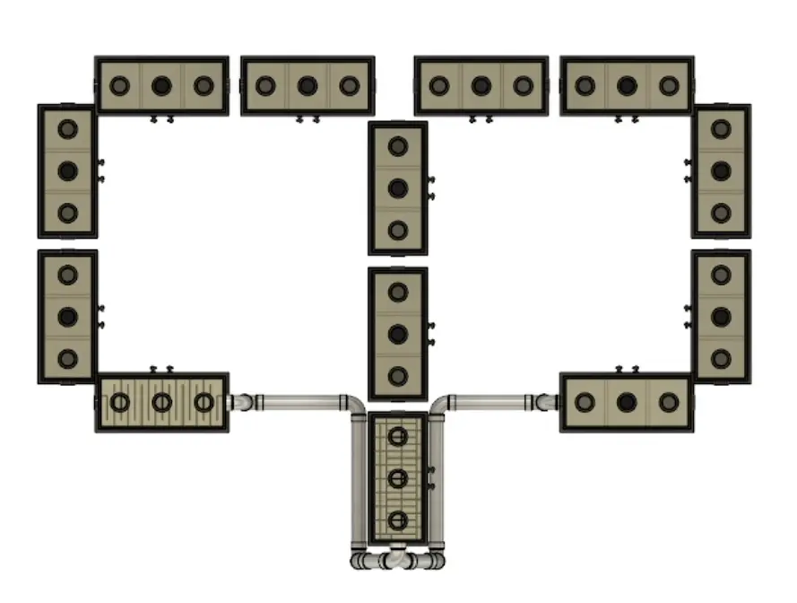 Top-down render showing modular tanks arranged for a continuous water gradient